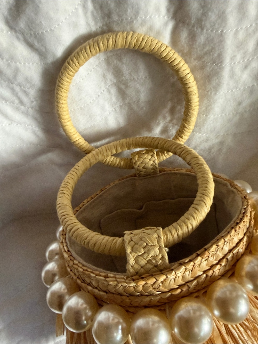 Pearl-Trim Straw Fringe Mini Bag - Natural - Picture 3 of 4